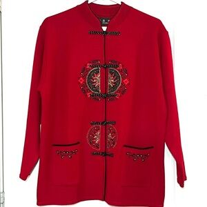 JIAHAO Red Mandarin Jacket Cardigan, Embroidered Frog Closures, Holiday, Festive
